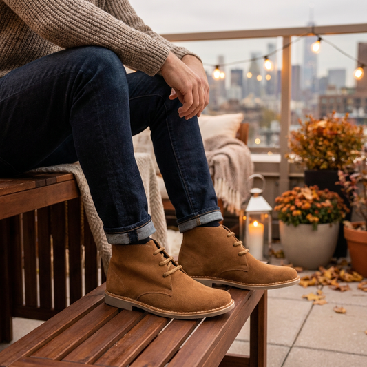 Roamers LEONARD Mens Desert Boots in Sand, worn with jeans by a man sitting on a bench