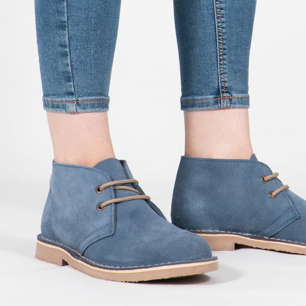 Roamers MACIE Womens Desert Boots in Blue, worn with blue jeans, pair shown from the front