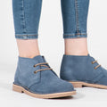 Roamers MACIE Womens Desert Boots in Blue, worn with blue jeans, pair shown from the front
