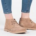 Roamers MACIE Womens Desert Boots in Taupe, worn with blue jeans, pair shown from the front