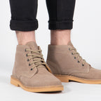 Roamers M468TS Mens 5 Eyelet Desert Boots in Dark Taupe, worn with dark trousers, pair shown from the front