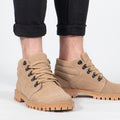 Roamers Mens 5 Eyelet D Ring Desert Boots in Taupe, worn with dark trousers showing the chunky sole