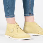 Popps PASTEL Womens Suede Casual Desert Boots in Mellow Yellow, worn with blue jeans