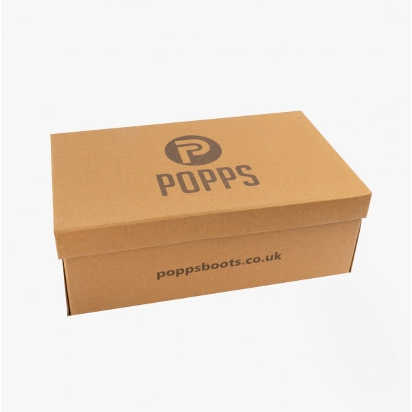 Popps VESPA Unisex Desert Boots in Cognac, Popps branded shoe box (packaging shot, not the boots)