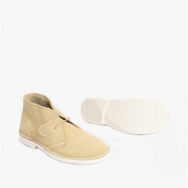 Popps PASTEL Womens Suede Casual Desert Boots in Mellow Yellow, pair with one boot turned to show the white sole