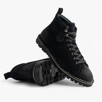 Popps 1961 MOD Mens Suede Monkey Boots in Navy, pair with one boot turned to show the tread sole