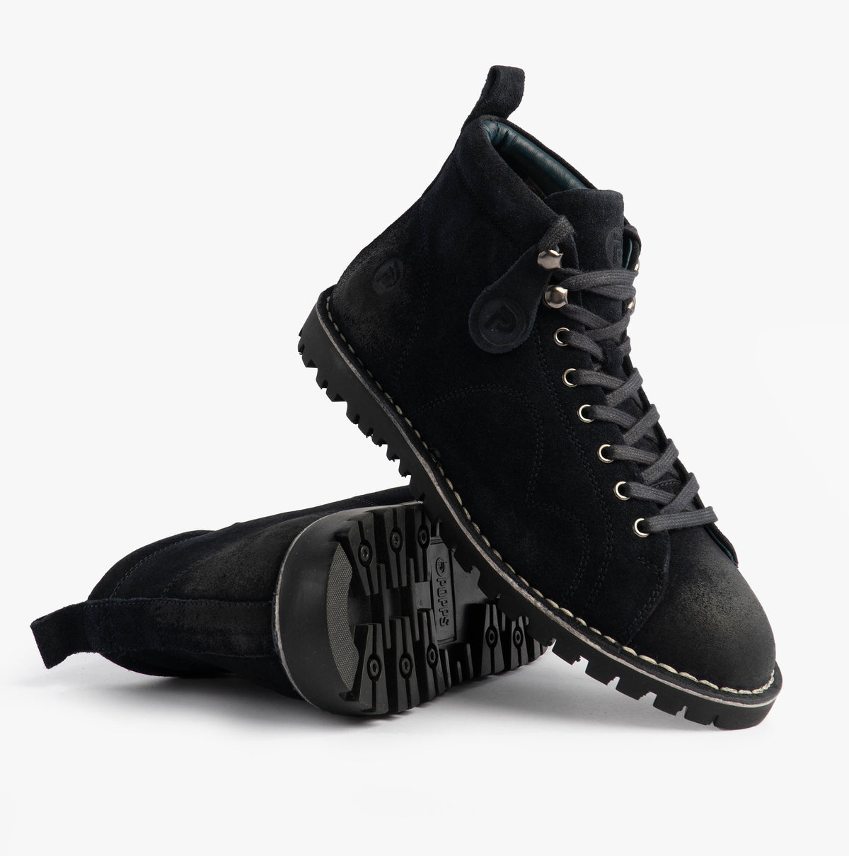 Popps 1961 MOD Mens Suede Monkey Boots in Navy, pair with one boot turned to show the tread sole