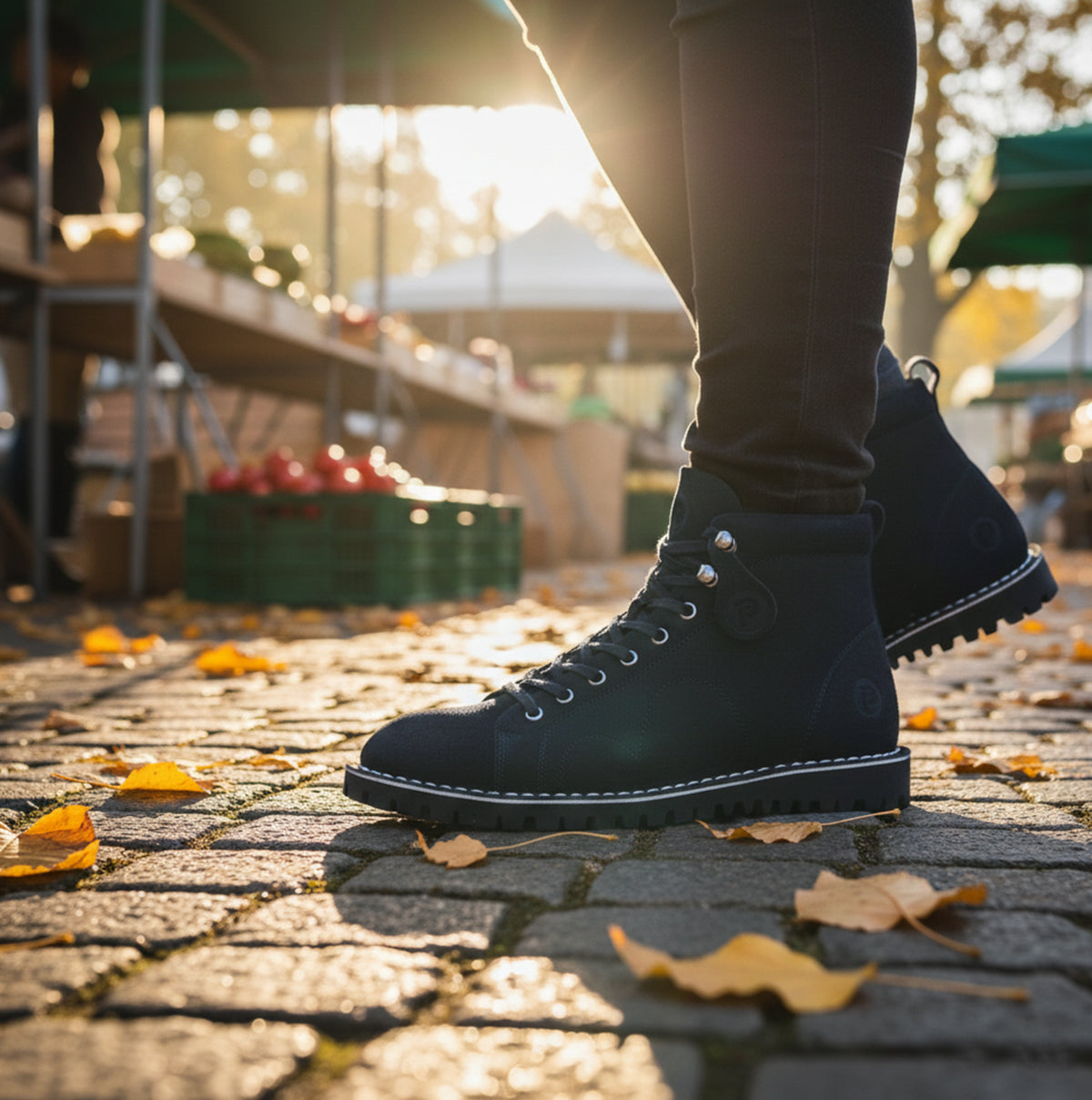 Popps 1961 MOD Mens Suede Monkey Boots in Navy, worn on a cobbled street with autumn leaves