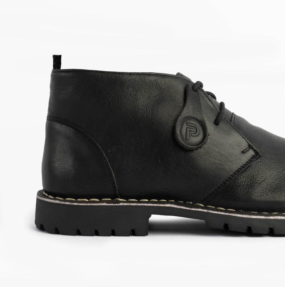 Popps COOPER Mens Leather Desert Boots in Black, close-up of the side button and chunky sole edge