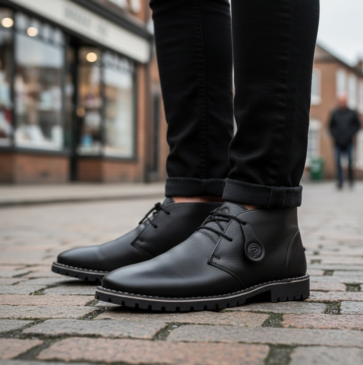 Popps COOPER Mens Leather Desert Boots in Black, worn with black jeans on a town street
