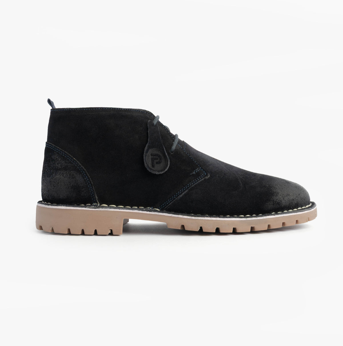 Popps COOPER Mens Desert Boots in Navy, side view showing the round button