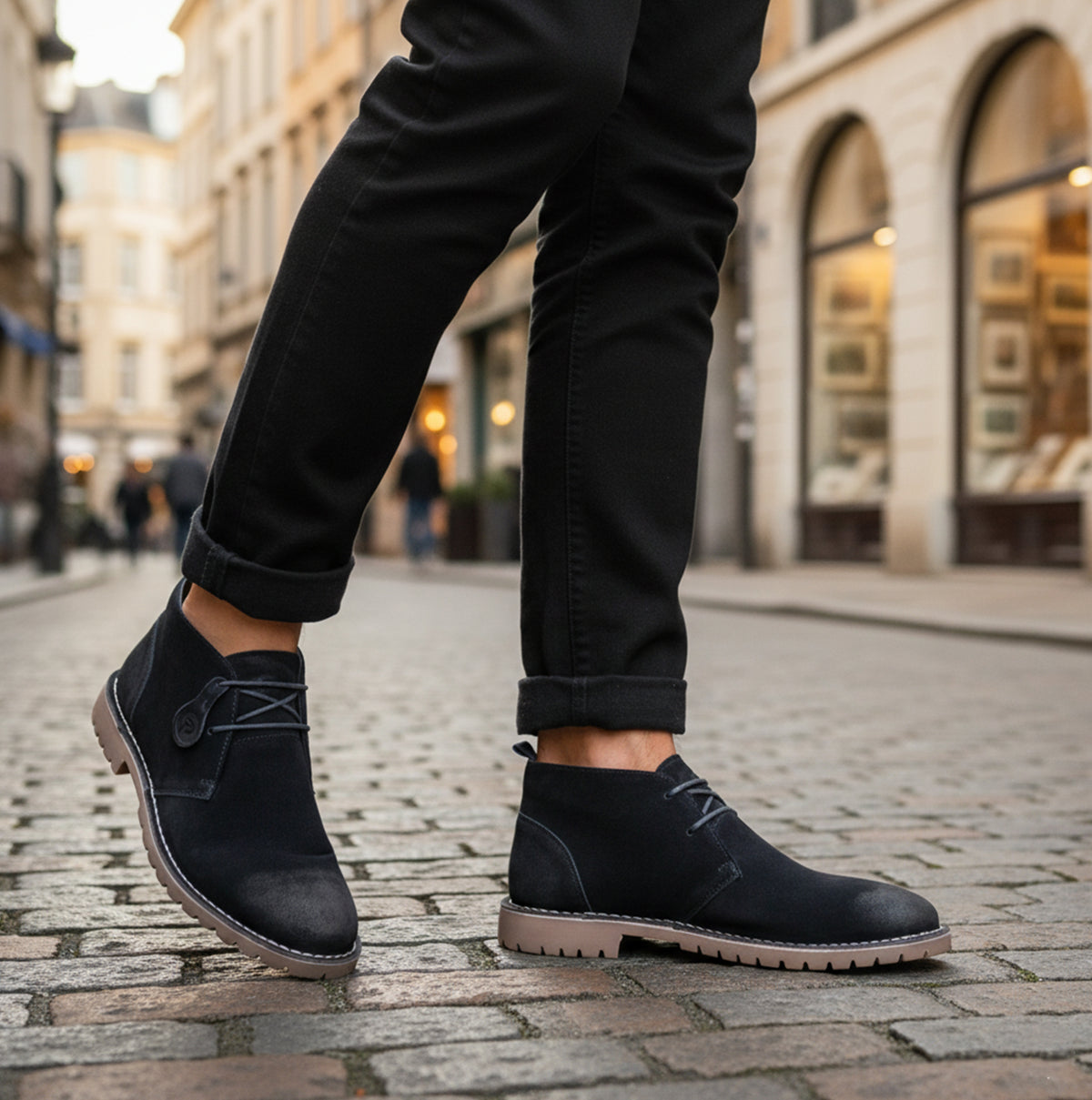 Popps COOPER Mens Desert Boots in Navy, worn with dark trousers on a cobbled street