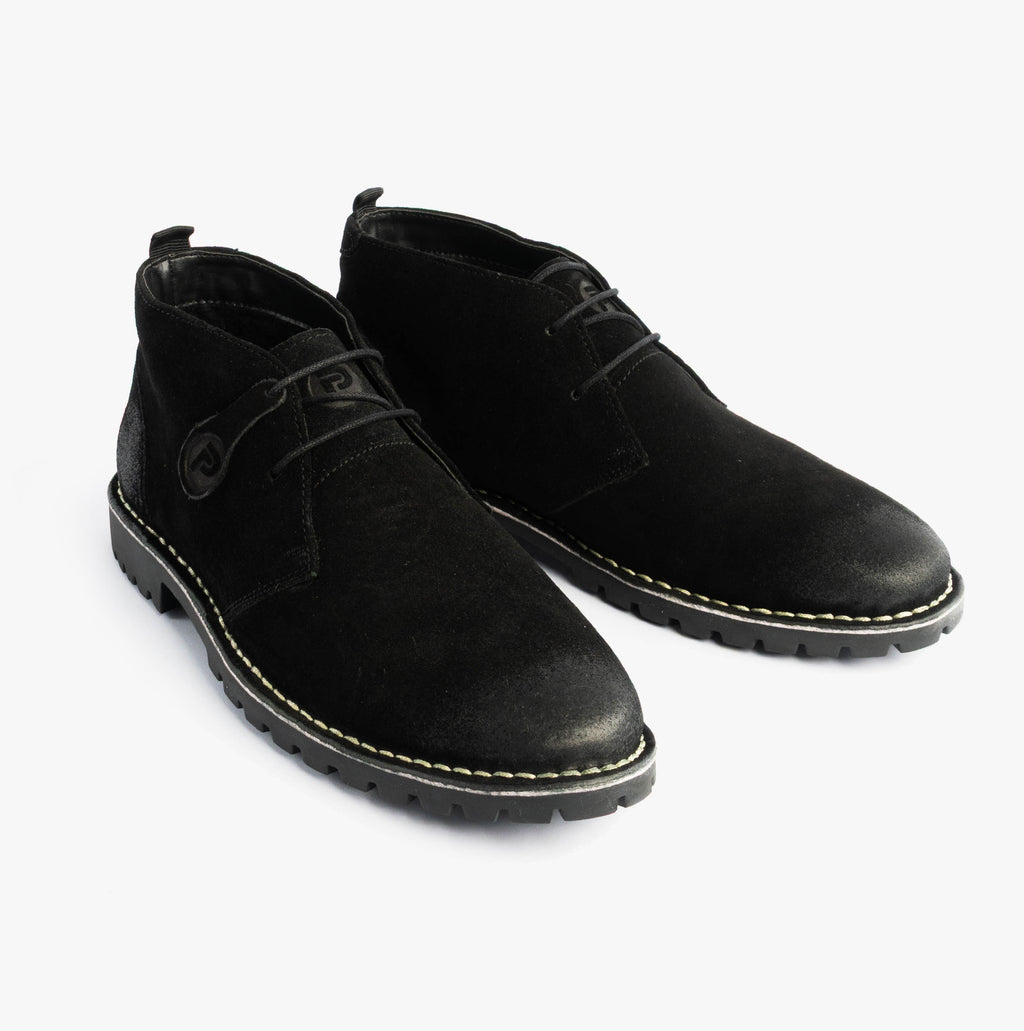Popps COOPER Mens Suede Desert Boots in Black, pair shown at a front angle