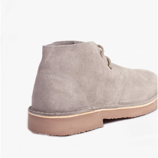 Roamers ROUND TOE Unisex Desert Boots in Grey, rear three-quarter view of the heel and sole