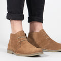 Roamers MARCO Mens Desert Boots in Sand, worn with black trousers, pair shown from the front