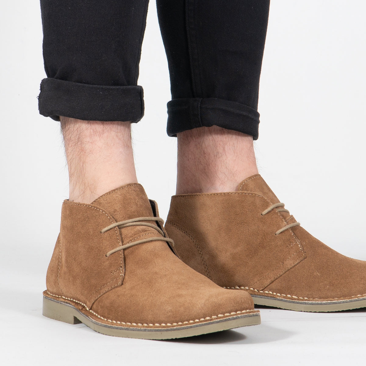 Roamers MARCO Mens Desert Boots in Sand, worn with black trousers, pair shown from the front