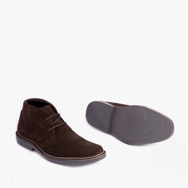 Roamers MARCO Mens Desert Boots in Dark Brown, one boot beside the other turned to show the sole
