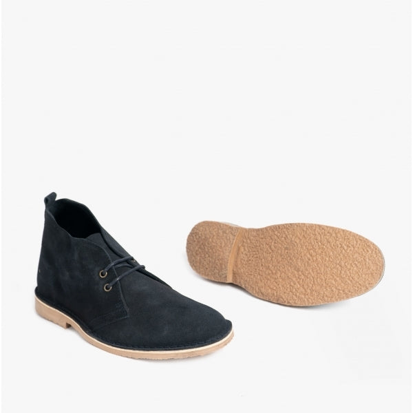 Roamers ORIGINAL Unisex Desert Boots in Navy, one boot beside the other turned to show the sole