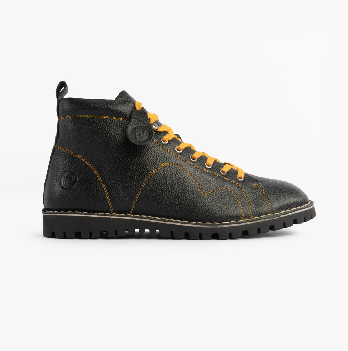 Popps 1961 MOD Mens Leather Monkey Boots in Black, side view showing the yellow laces