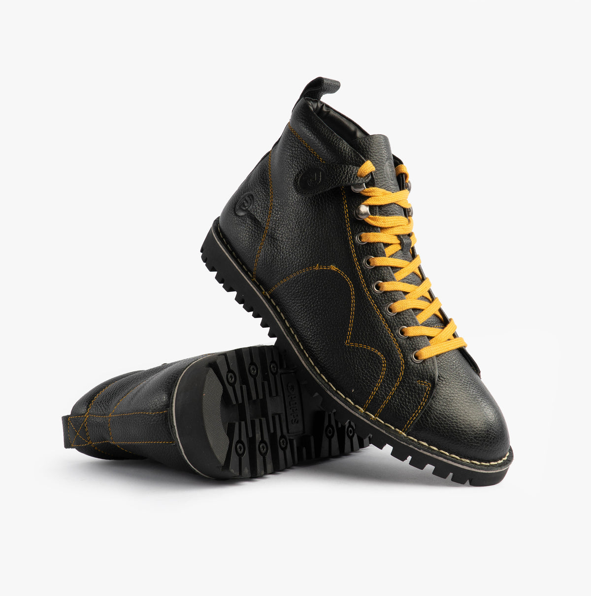 Popps 1961 MOD Mens Leather Monkey Boots in Black, pair with one boot tilted to show the sole edge
