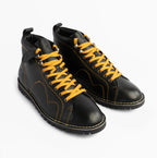 Popps 1961 MOD Mens Leather Monkey Boots in Black, pair shown at a front angle with yellow laces