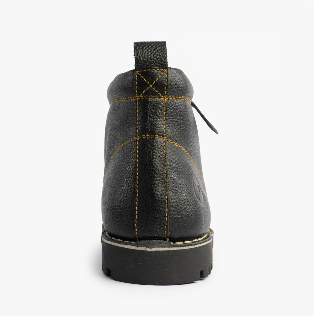 Popps 1961 MOD Mens Leather Monkey Boots in Black, rear view showing the heel