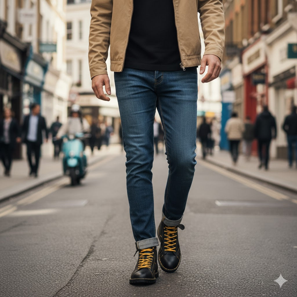 Popps 1961 MOD Mens Leather Monkey Boots in Black, worn with blue jeans on a busy city street