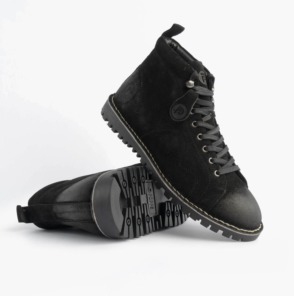 Popps 1961 MOD Mens Suede Monkey Boots in Black, pair with one boot tilted to show the sole edge