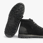 Popps 1961 MOD Mens Suede Monkey Boots in Black, one boot turned to show the tread sole