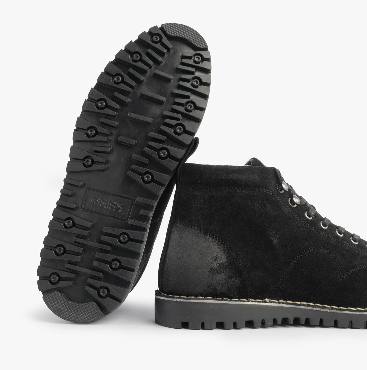 Popps 1961 MOD Mens Suede Monkey Boots in Black, one boot turned to show the tread sole