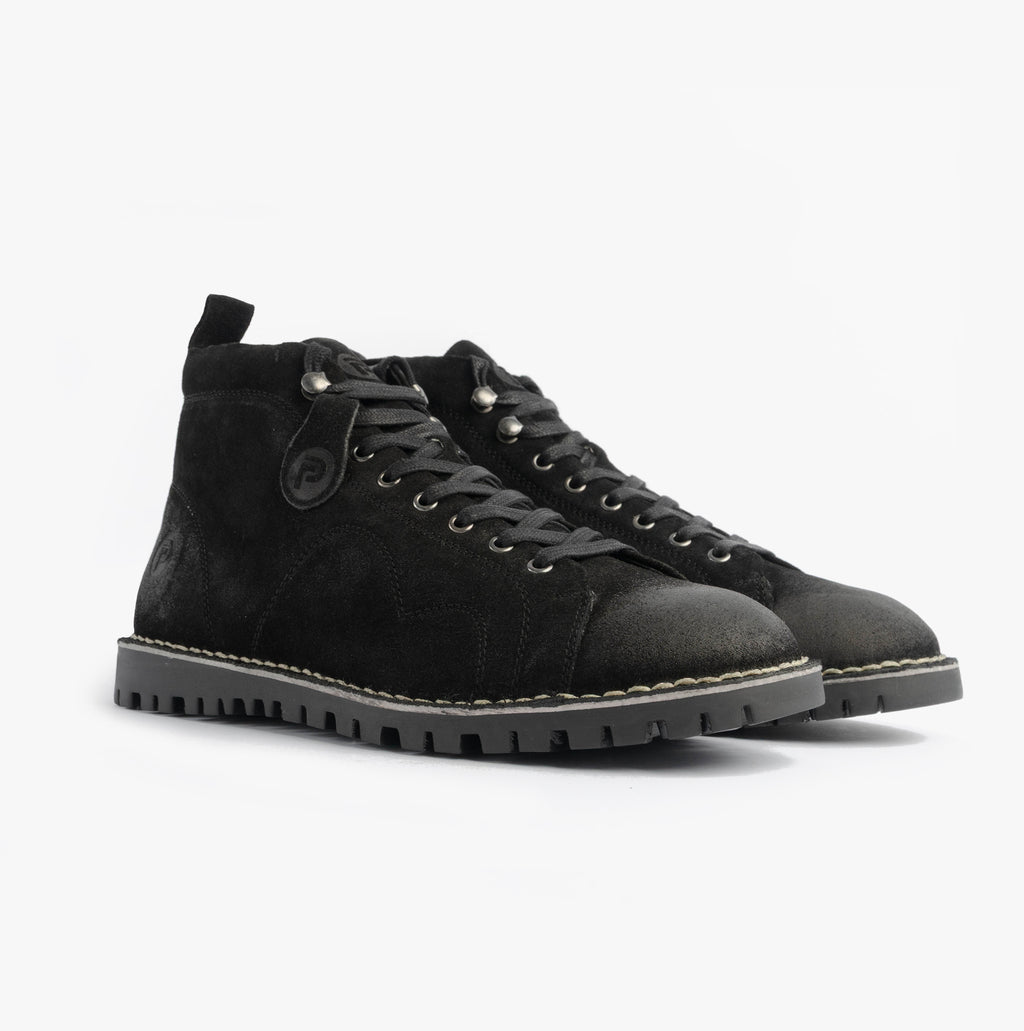 Popps 1961 MOD Mens Suede Monkey Boots in Black, pair shown at a front angle