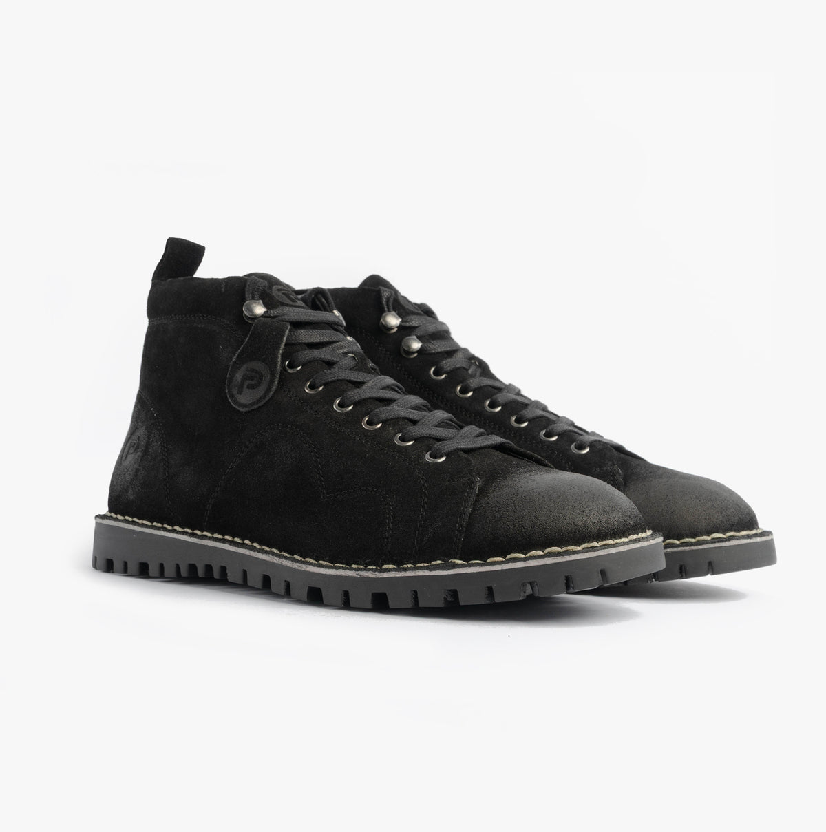 Popps 1961 MOD Mens Suede Monkey Boots in Black, pair shown at a front angle