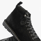 Popps 1961 MOD Mens Suede Monkey Boots in Black, close-up of the lacing and chunky sole edge
