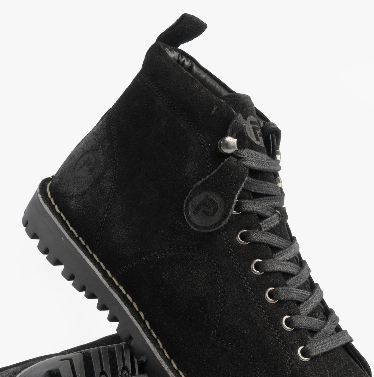 Popps 1961 MOD Mens Suede Monkey Boots in Black, close-up of the lacing and chunky sole edge