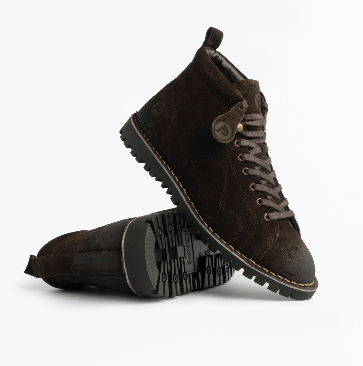 Popps 1961 MOD Mens Suede Monkey Boots in Brown, pair with one boot turned to show the tread sole