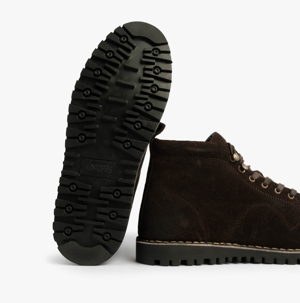 Popps 1961 MOD Mens Suede Monkey Boots in Brown, tread sole with the other boot beside it