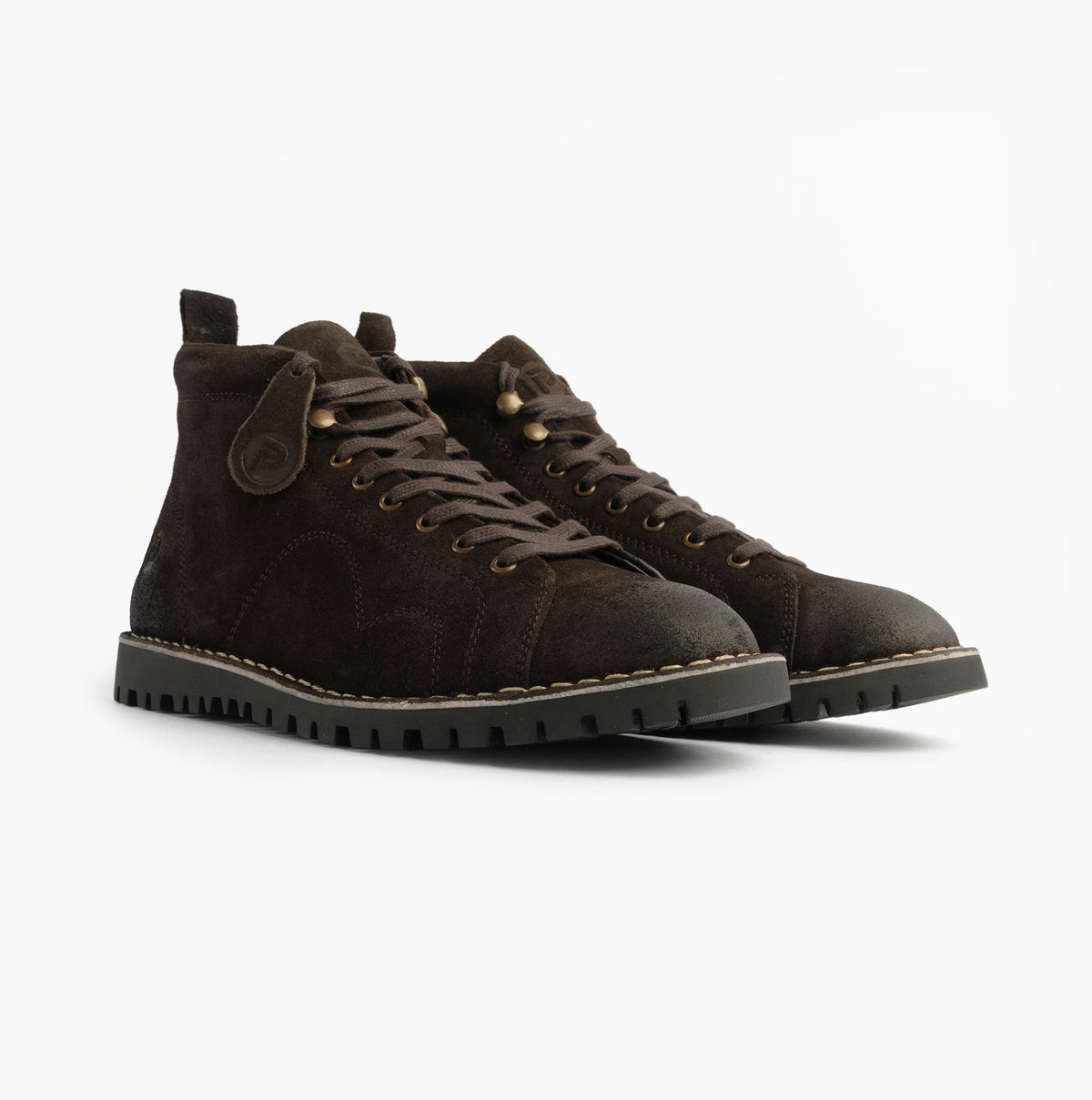 Popps 1961 MOD Mens Suede Monkey Boots in Brown, pair shown at a front angle