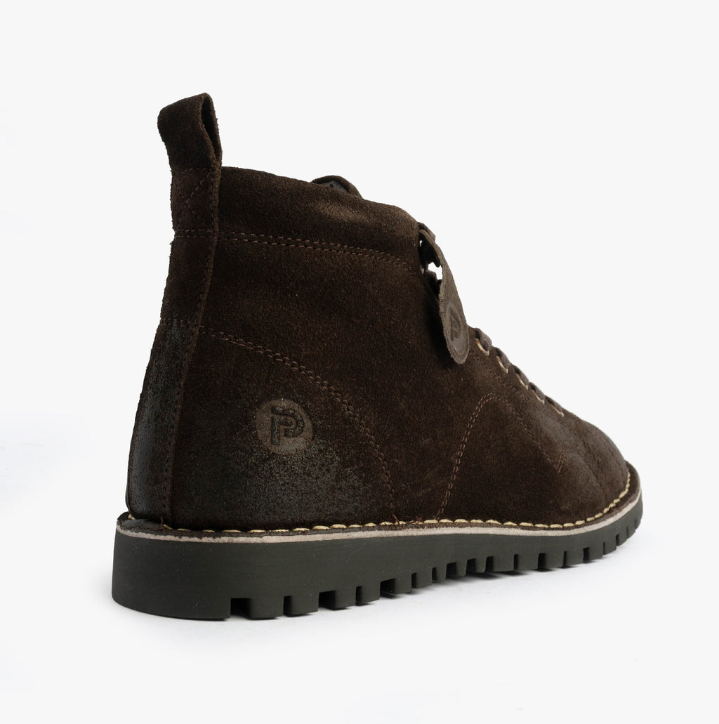 Popps 1961 MOD Mens Suede Monkey Boots in Brown, rear view showing the side button