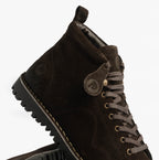 Popps 1961 MOD Mens Suede Monkey Boots in Brown, close-up of the lacing and chunky sole edge