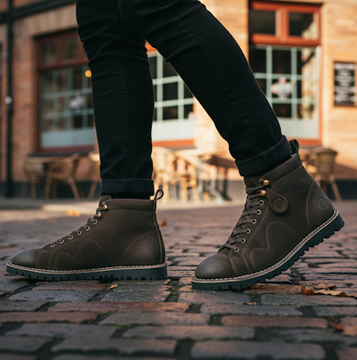 Popps 1961 MOD Mens Suede Monkey Boots in Brown, worn with dark trousers on a cobbled street