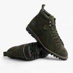 Popps 1961 MOD Mens Suede Monkey Boots in Green, pair with one boot turned to show the tread sole