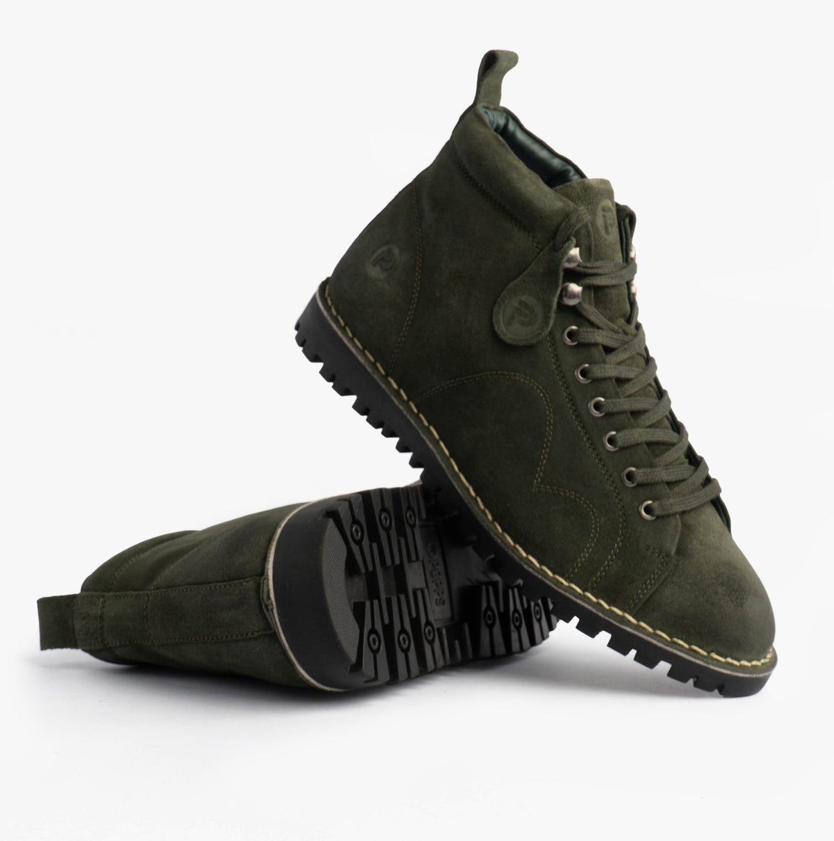 Popps 1961 MOD Mens Suede Monkey Boots in Green, pair with one boot turned to show the tread sole