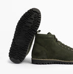 Popps 1961 MOD Mens Suede Monkey Boots in Green, tread sole with the other boot beside it