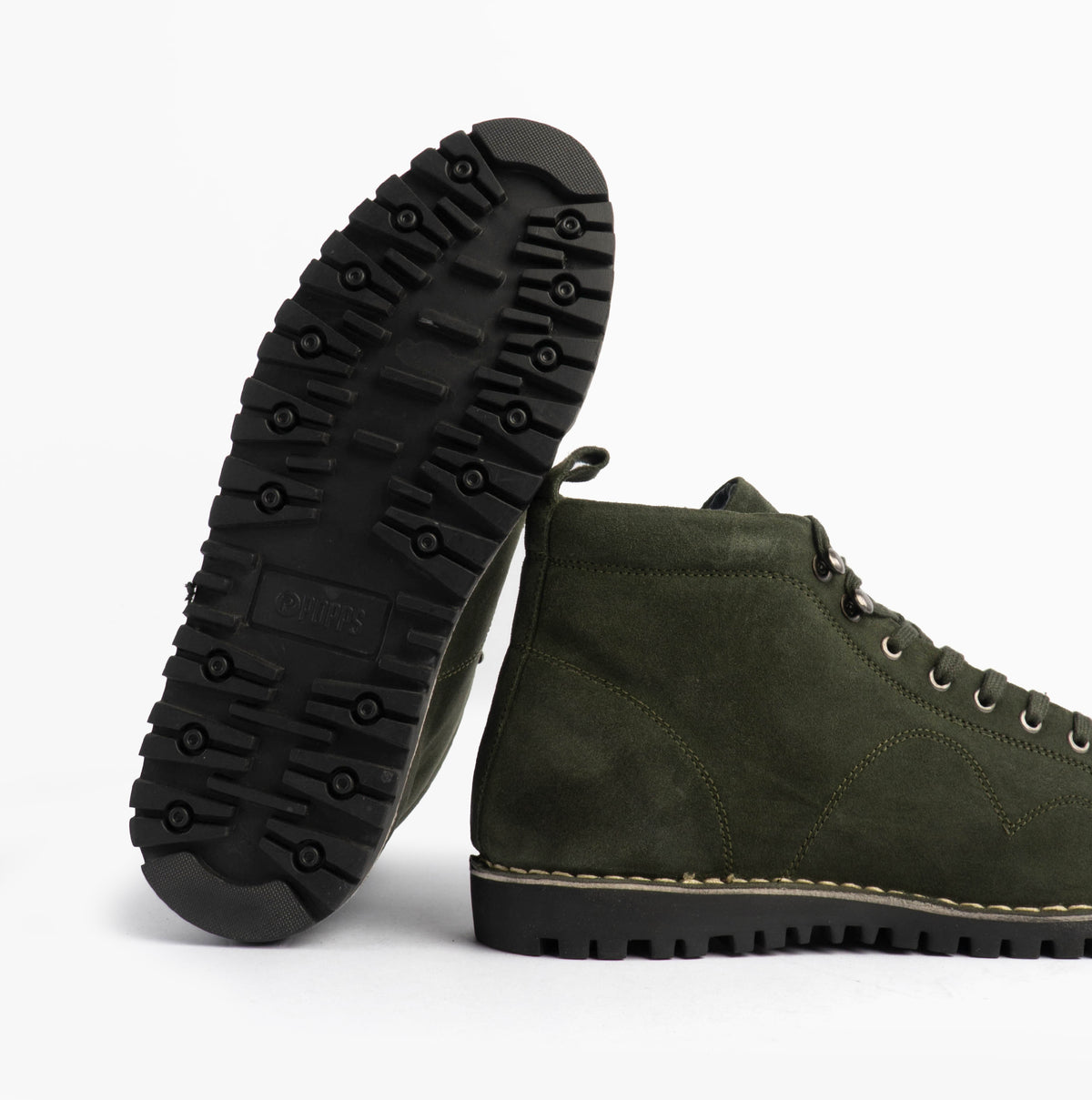 Popps 1961 MOD Mens Suede Monkey Boots in Green, tread sole with the other boot beside it