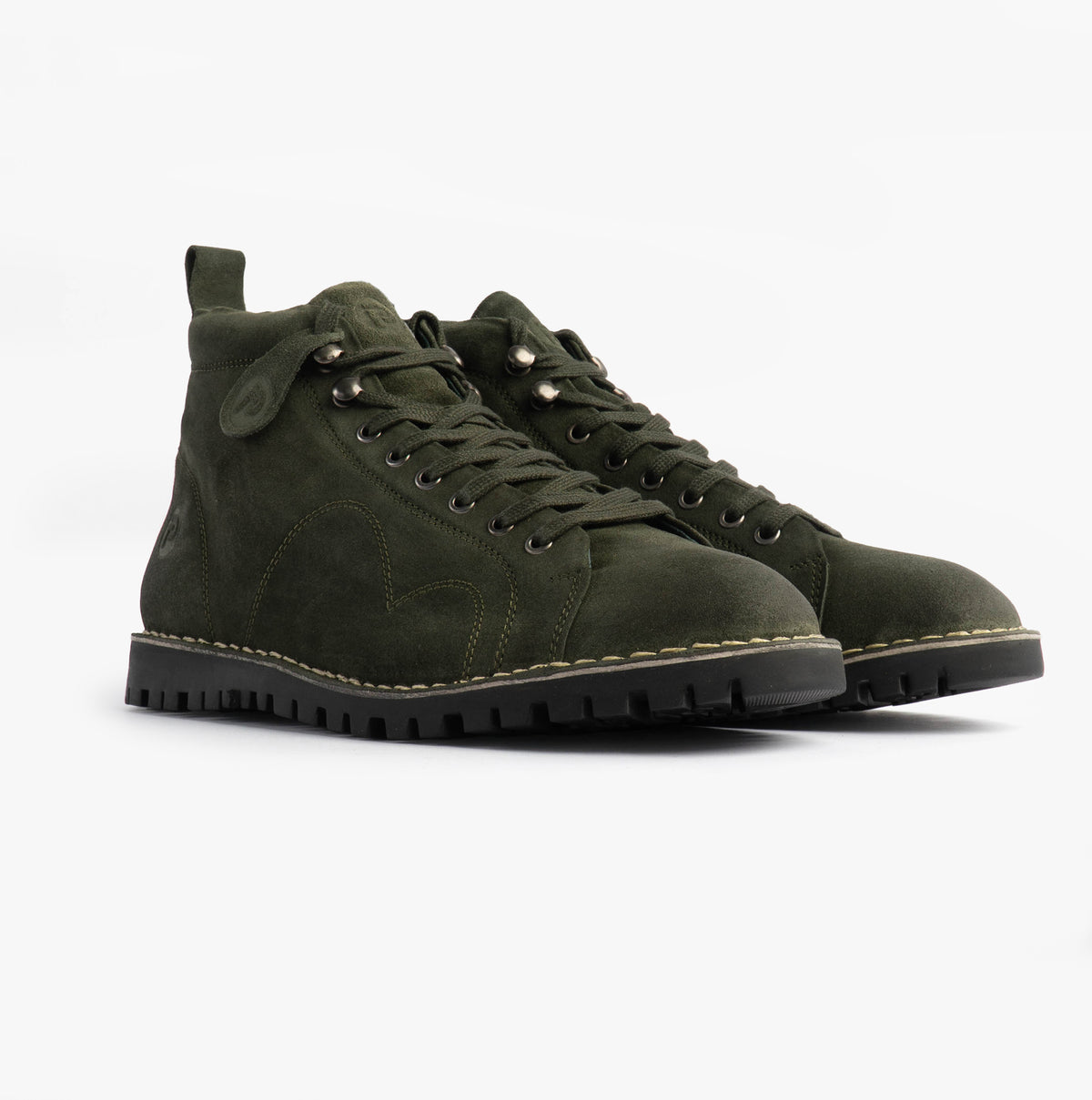Popps 1961 MOD Mens Suede Monkey Boots in Green, pair shown at a front angle