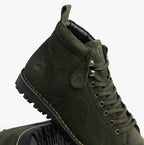 Popps 1961 MOD Mens Suede Monkey Boots in Green, close-up of the lacing and chunky sole edge
