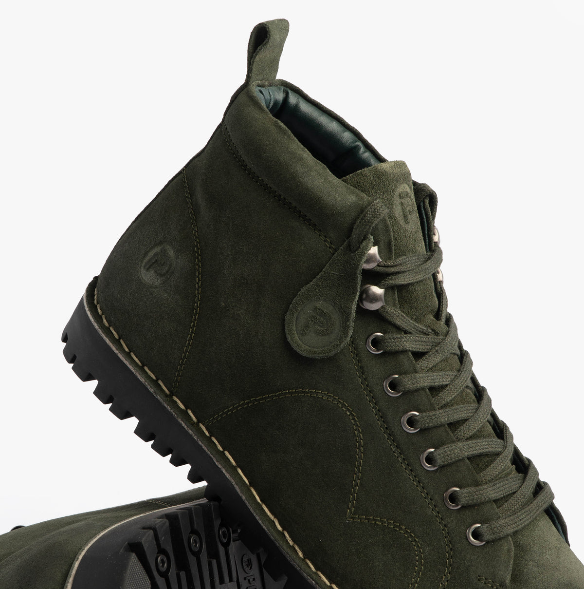 Popps 1961 MOD Mens Suede Monkey Boots in Green, close-up of the lacing and chunky sole edge