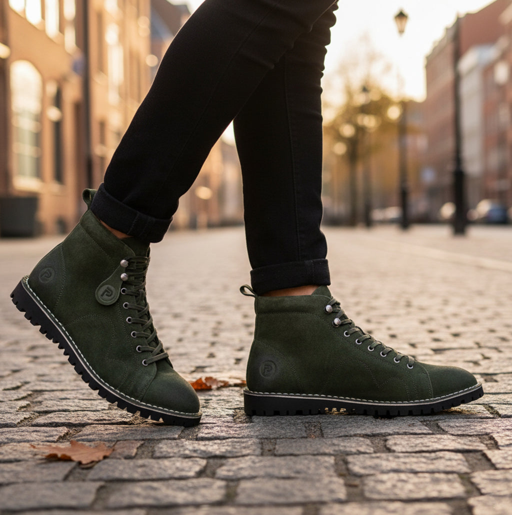 Popps 1961 MOD Mens Suede Monkey Boots in Green, worn with dark trousers on a cobbled street