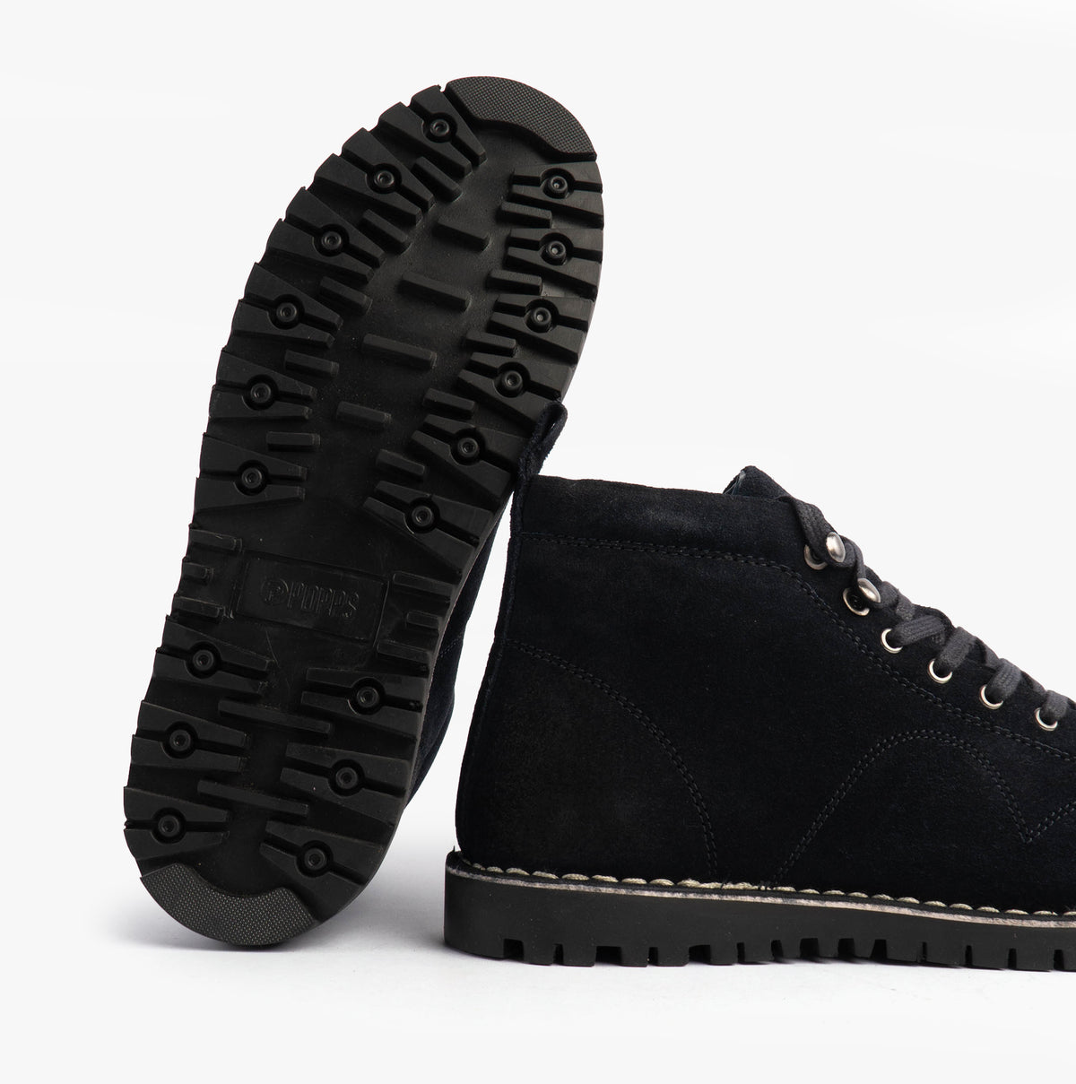Popps 1961 MOD Mens Suede Monkey Boots in Navy, tread sole with the other boot beside it