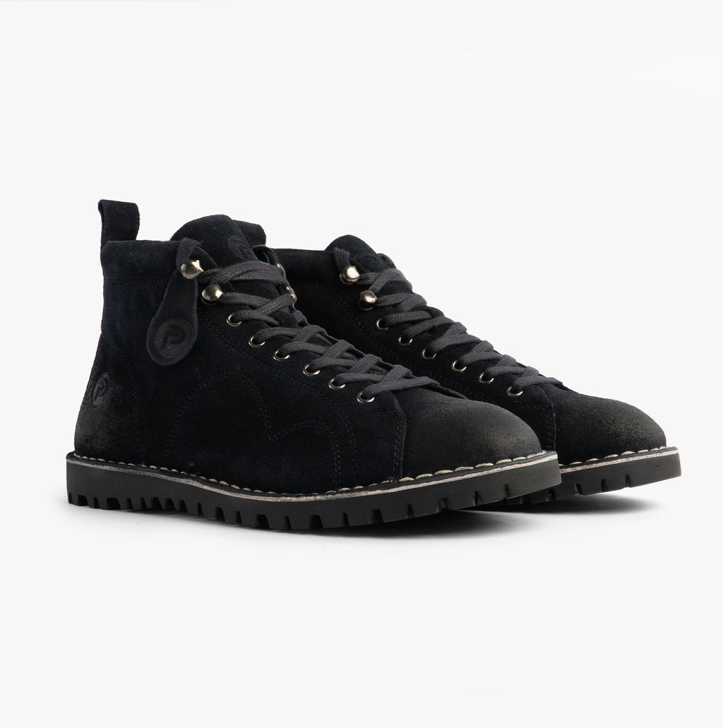 Popps 1961 MOD Mens Suede Monkey Boots in Navy, pair shown at a front angle